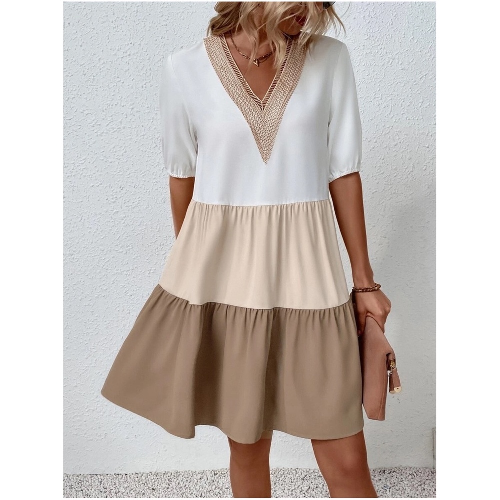 Boho Color Block Lace Oversized Mini Dress - Picture 6 of 13